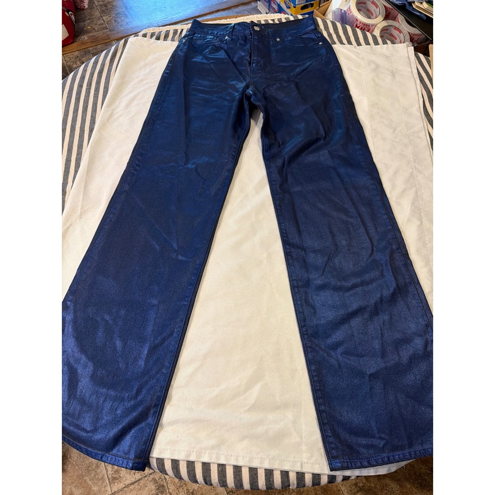 Veronica Beard Dylan High Rise Straight Leg Jeans Blue Metallic Coated Size 27